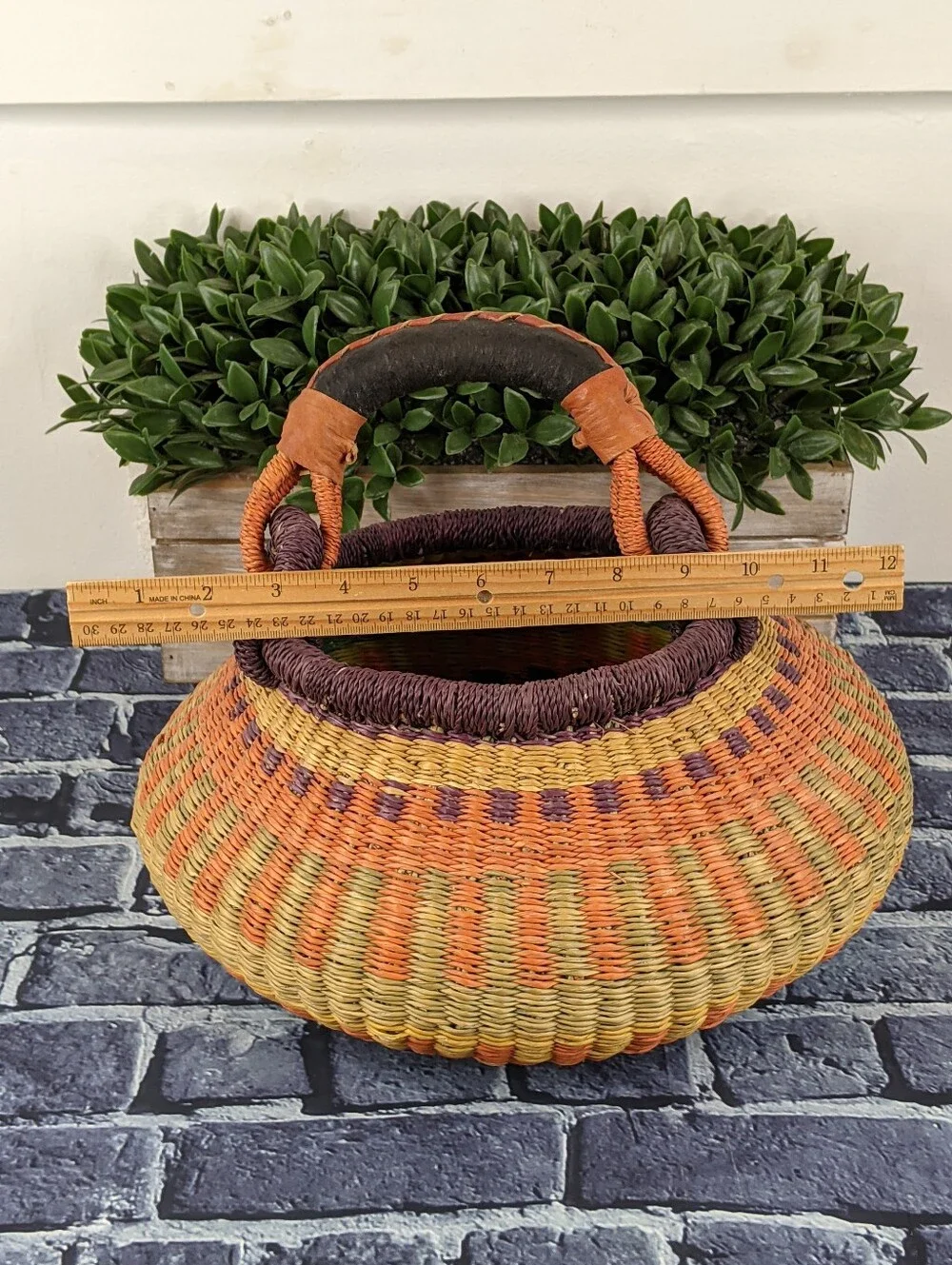 Handwoven African Bolga Basket w/ Wrapped Leather Handle